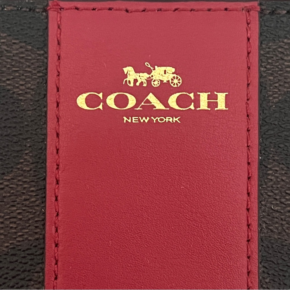 Coach Signature Brown & Red Wristlet Zip Pouch Wallet Clutch Gold Tone Logo - Picture 3 of 7